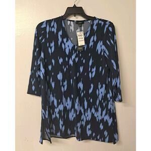 Alfani V Neck 3/4 Sleeve Tunic Blouse Mila Animal Navy Size M